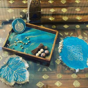 Emerald green wooden tray with resin hues