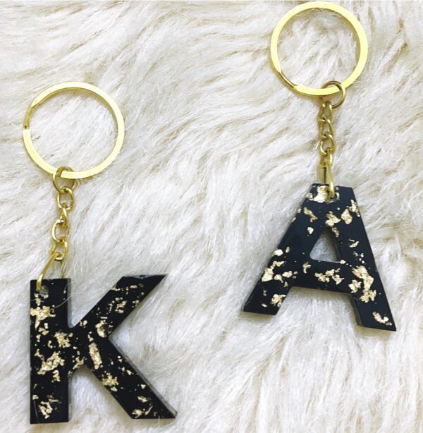 Black Initial Letter Keychain with Gold flakes